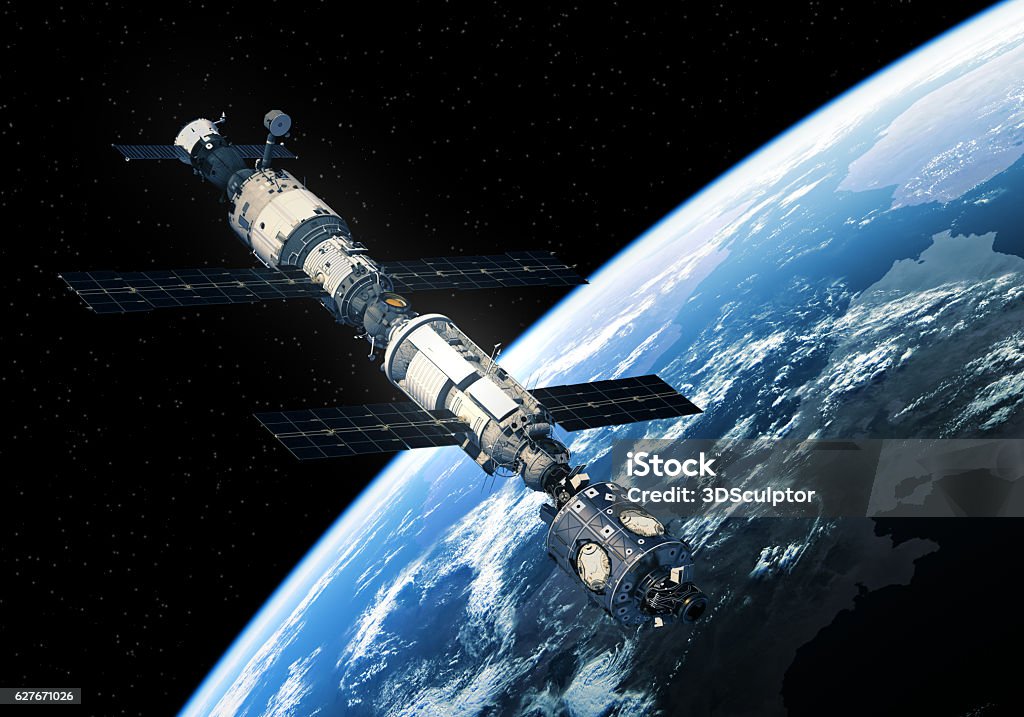 International Space Station Orbiting Earth International Space Station Orbiting Earth. 3D Illustration. Space Shuttle Stock Photo