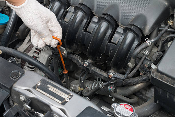 istock Technician is checking engine oil level of car 627672372