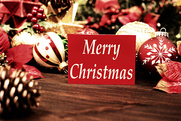 istock Holiday ornaments, decorations with Merry Christmas greeting card. 627674804