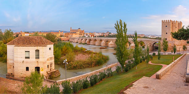 vue panoramique du pont romain à cordoue, espagne - pont romain de cordoue photos et images de collection