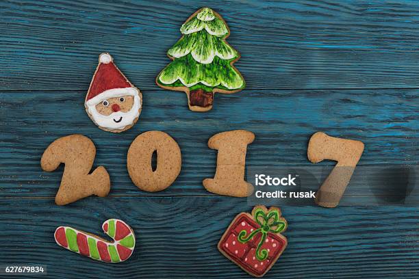 Gingerbreads For New 2017 Years Stock Photo - Download Image Now - 2017, Backgrounds, Baked