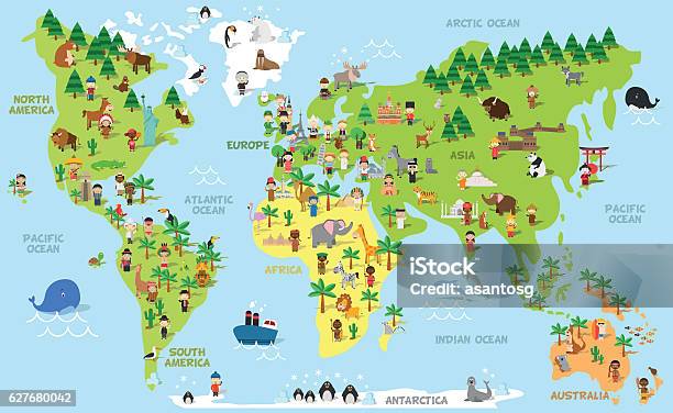 Vetores de Mapa Do Mundo Dos Desenhos Animados Engraçado Com Crianças Animais E Monumentos e mais imagens de Mapa-múndi