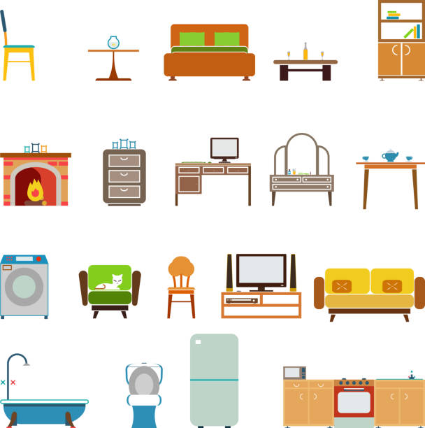 ilustrações, clipart, desenhos animados e ícones de móveis plana, conjunto de símbolos e ícones isolado para sala de estar - dvd player computer icon symbol icon set