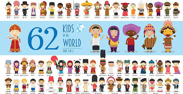 ilustraciones, imágenes clip art, dibujos animados e iconos de stock de kids of the world parte 2: 62 personajes infantiles - traditional clothing