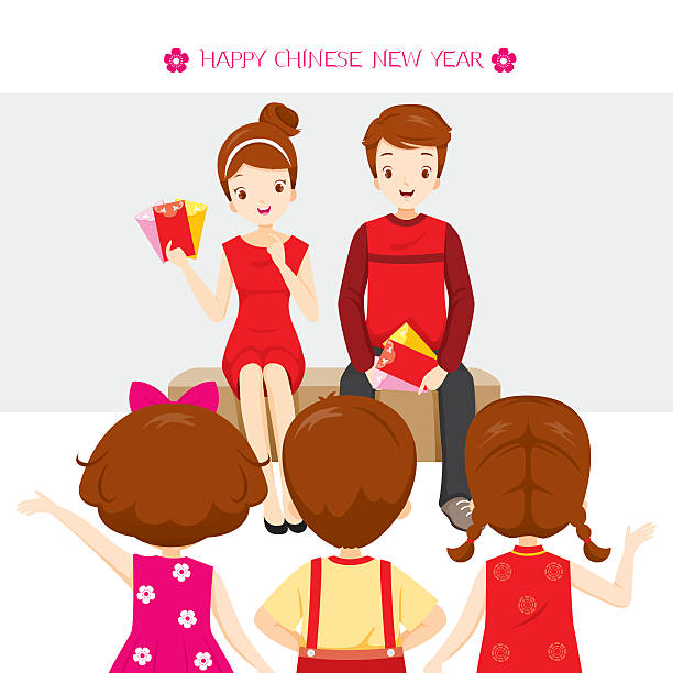 родитель давая красные конверты для детей - hongbao stock illustrations