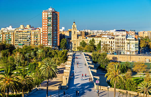 serranos bridge and santa monica church in valencia, spain - birds eye chilli imagens e fotografias de stock