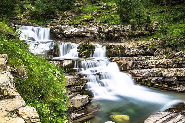 gradas de soaso. cascata nel parco nazionale spagnolo ordesa - flowing rock national park waterfall foto e immagini stock