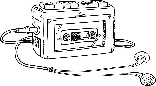 ilustrações, clipart, desenhos animados e ícones de vintag cassette jogador em preto e branco - personal cassette player