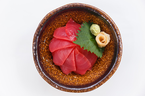 Akami Don : Japanese Steamed Rice Topping with Tuna Served with Wasabi and Prickle Ginger and Miso Soup.