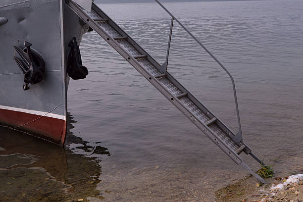 Gangway between the deck of the ship and the shore. Lake Baikal. Russia.