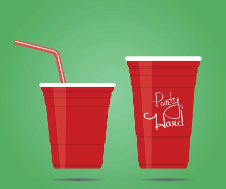 Two red party cups isolated on green background, vector illustration