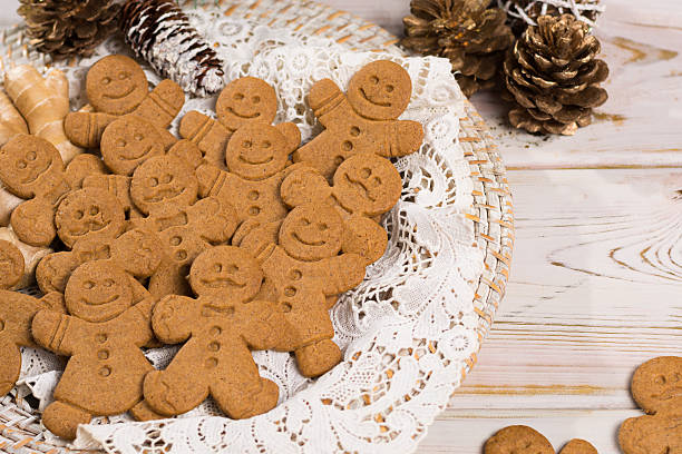 istock Many Christmas smiling  gingerbread men on white lace 627739926
