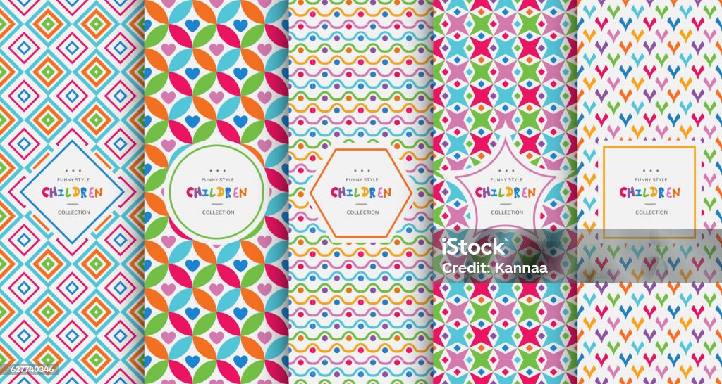 Bright colorful seamless patterns for baby style Bright colorful seamless patterns baby style. Vector illustration children background. Funny crazy kids paint. Happy geometry shapes. Set of ornament for gretting card, invitation. Baby - Human Age stock vector