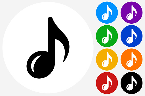 Music Note Icon on Flat Color Circle Buttons. This 100% royalty free vector illustration features the main icon pictured in black inside a white circle. The alternative color options in blue, green, yellow, red, purple, indigo, orange and black are on the right of the icon and are arranged in two vertical columns.