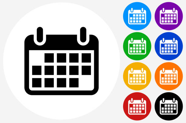 Calendar Icon on Flat Color Circle Buttons Calendar Icon on Flat Color Circle Buttons. This 100% royalty free vector illustration features the main icon pictured in black inside a white circle. The alternative color options in blue, green, yellow, red, purple, indigo, orange and black are on the right of the icon and are arranged in two vertical columns. calendar icon stock illustrations