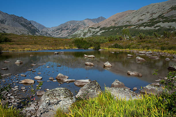 Mountain lake with rocks in the middle.