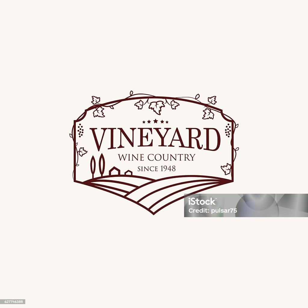 Landscape with vineyard fields, villa, trees. Landscape with vineyard fields, villa, trees. Outline vector illustration of rural landscape. Trendy concept for wine list, bar or restaurant menu, labels and package.  Vineyard stock vector