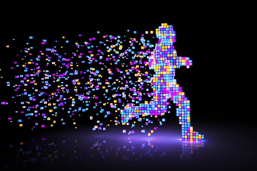 Man figure consisting of glowing pixels runs through darkness