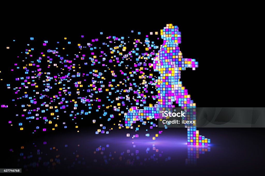 Pixel Man Man figure consisting of glowing pixels runs through darkness Data Stock Photo