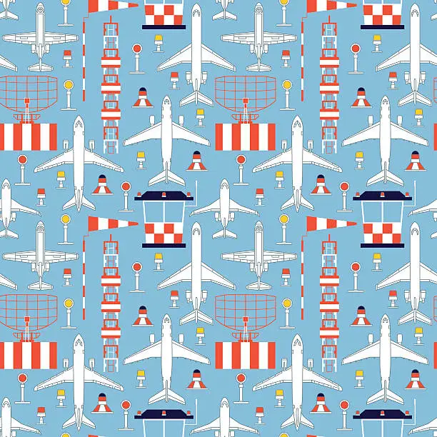 Vector illustration of seamless pattern with passenger airplanes and aerodrome facilities