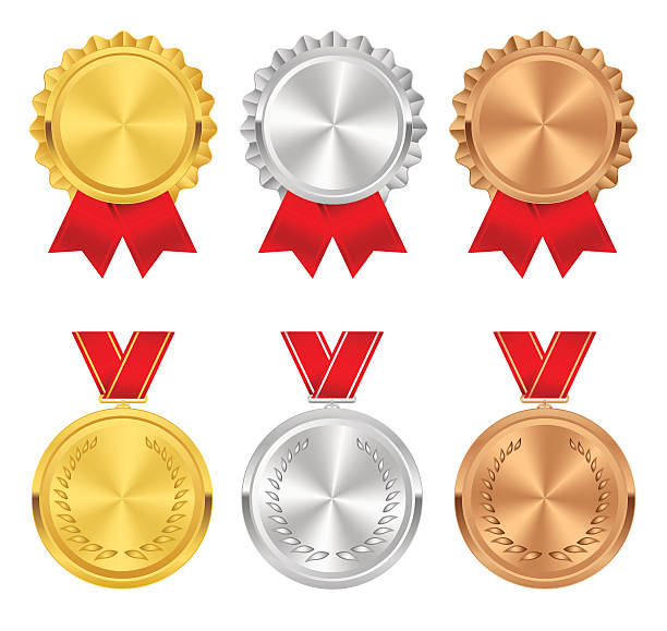 ilustrações de stock, clip art, desenhos animados e ícones de set of gold, silver and bronze award medals. rosettes, ribbons. - medal award silver medal ribbon