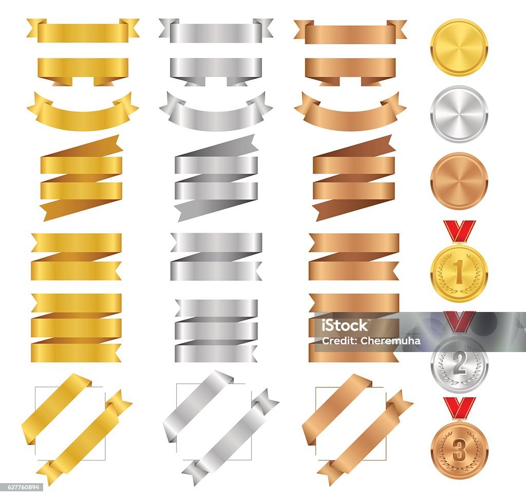 Set of bronze, golden, silver ribbons and vector award medals. Set of bronze, golden, silver ribbons and award medals. Vector medal tape collection. Glossy ribbon banners isolated on white background. Labels for greeting card, gift, poster, flyer, your design. Silver - Metal stock vector