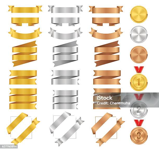 Set Of Bronze Golden Silver Ribbons And Vector Award Medals Stock Illustration - Download Image Now