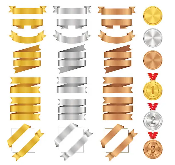 Vector illustration of Set of bronze, golden, silver ribbons and vector award medals.