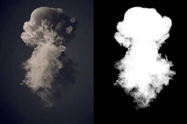 Dangerous and dramatic cloud 3d rendering of dark smoke after an explosion with alpha channel