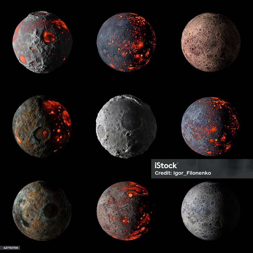 Set of Alien hot planets on black background 3d rendering. Planet - Space Stock Photo