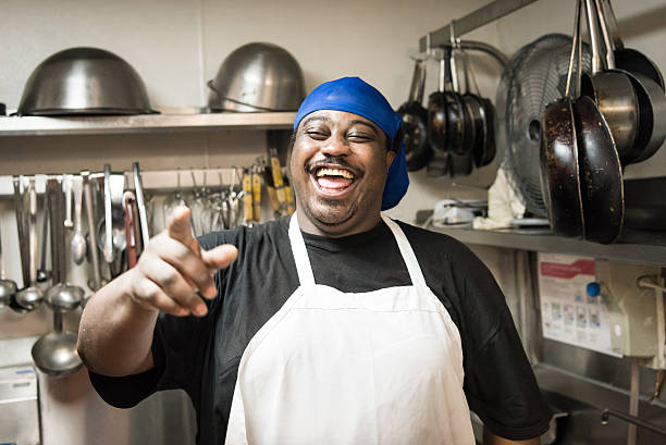 cocinero que ríe - portrait human face men overweight fotografías e imágenes de stock