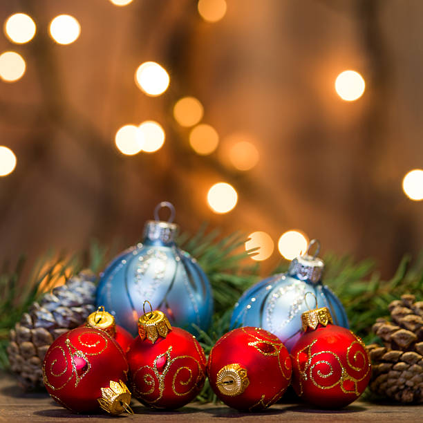 istock Christmas background with decorations on wooden board 627763142