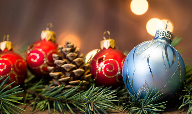 istock Christmas background with decorations on wooden board 627763496