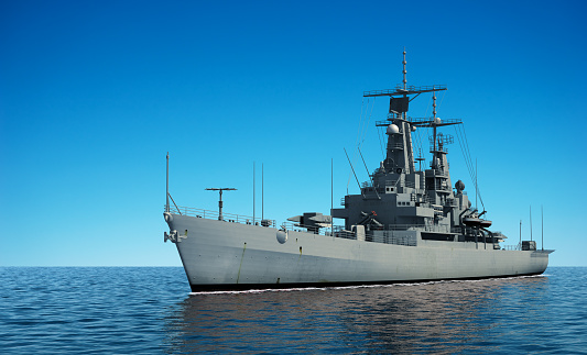 American Modern Warship In The Ocean. 3D Illustration.