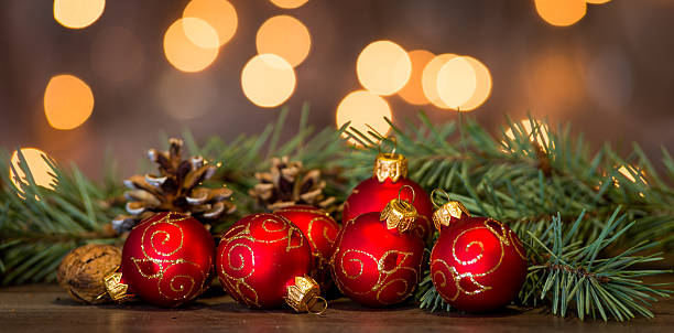 istock Christmas background with decorations on wooden board 627770118