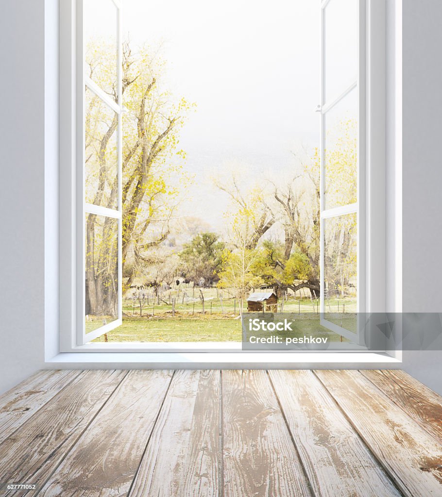 Window with summer landscape view Empty wooden sill and window with summer landscape view. 3D Rendering Window Stock Photo