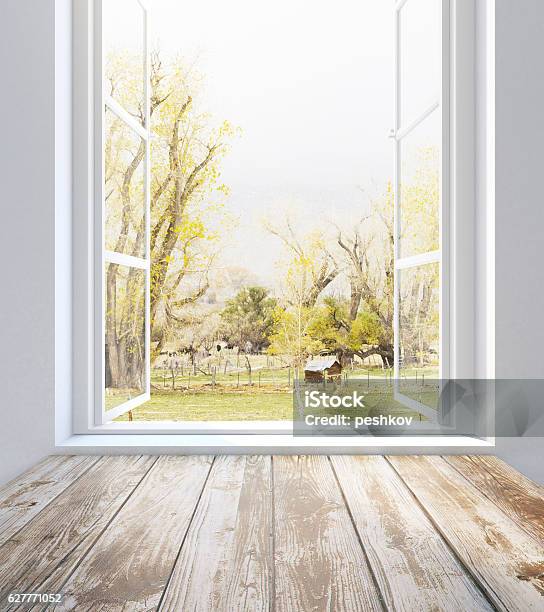 Window With Summer Landscape View Stock Photo - Download Image Now - Window, Open, Window Sill