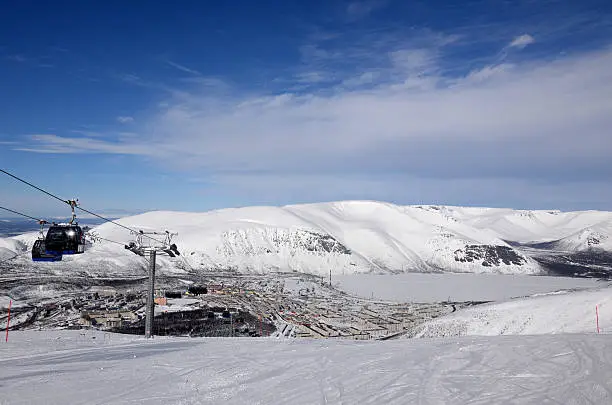 There are winter mountains in April  and  downhill skiing  with lift and cabins in Khibiny (Hibiny), Russia, Kola Peninsula. 