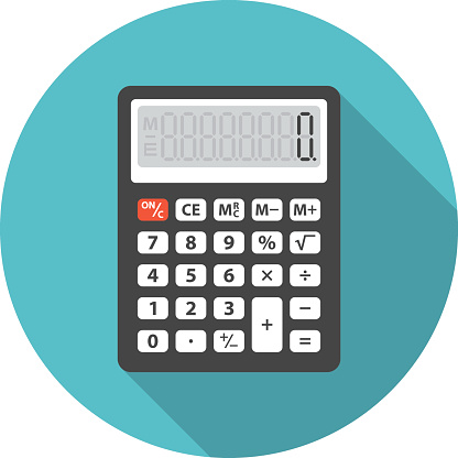 Calculator icon with long shadow. Flat design style. Round icon. Calculator silhouette. Simple circle icon. Modern flat icon in stylish colors. Web site page and mobile app design vector element.
