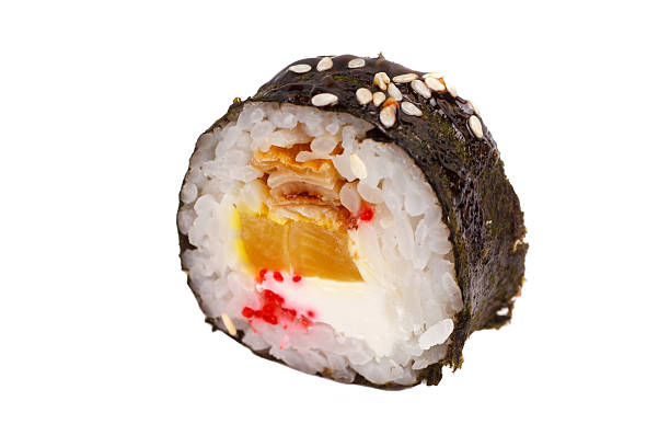 istock Japanese roll rice, nori, lettuce, cheese, eel. Close-up on whit 627777426