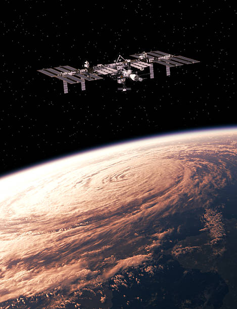 International Space Station Exploring A Hurricane On The Earth. 3D Illustration.