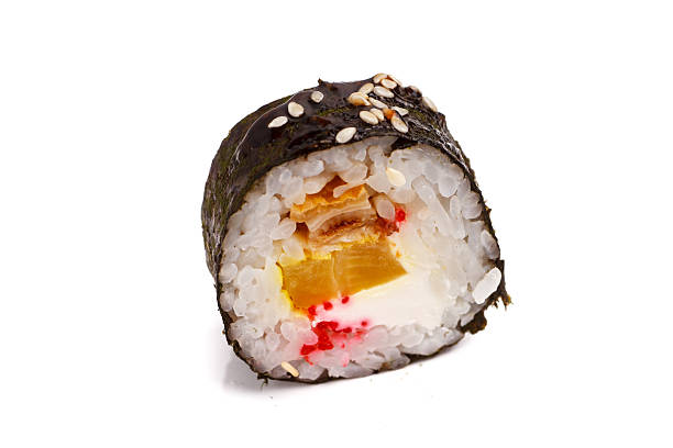 istock Japanese roll rice, nori, lettuce, cheese, eel. Close-up on whit 627777552