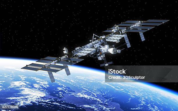 International Space Station Orbiting Earth Stock Photo - Download Image Now - International Space Station, Outer Space, Satellite