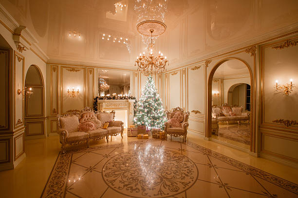 istock Calm image of interior Classic New Year Tree decorated in 627778188