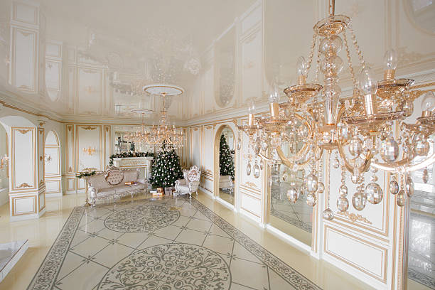 istock Calm image of interior Classic New Year Tree decorated in 627779048