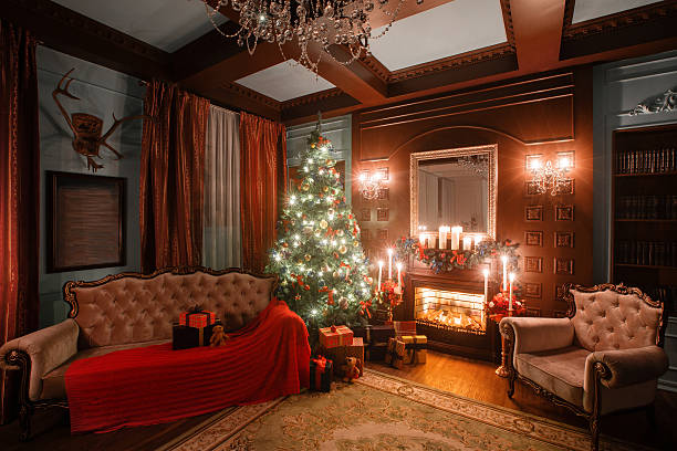 istock Calm image of interior Classic New Year Tree decorated in 627779262