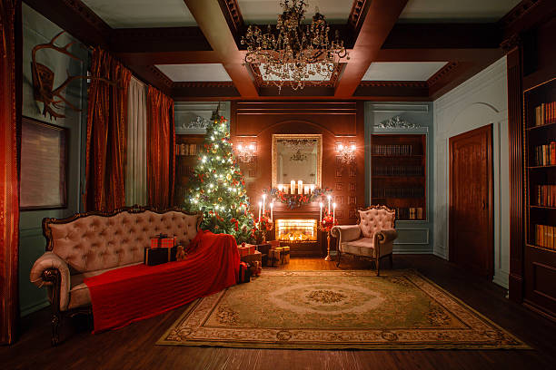 istock Calm image of interior Classic New Year Tree decorated in 627779344