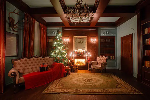 Photo of Calm image of interior Classic New Year Tree decorated in