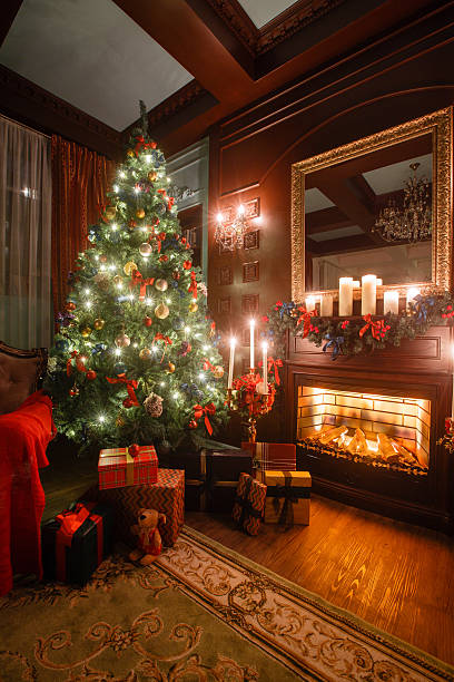istock Calm image of interior Classic New Year Tree decorated in 627779464