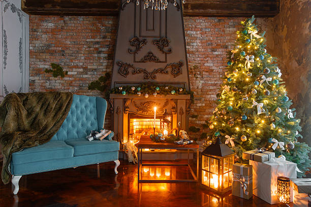 istock Calm image of interior Classic New Year Tree decorated in 627779764